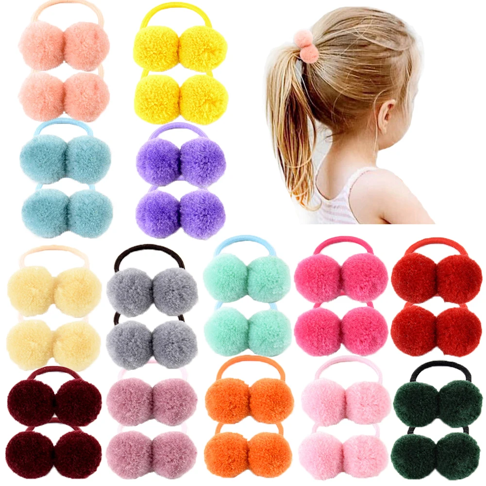 Top Trends: 14pcs / lot 1.4" Small Solid Double Fur Ball With Elastic Rope Handmade Hair Band For Kids Girls Hair Accessories Shoppable Styles