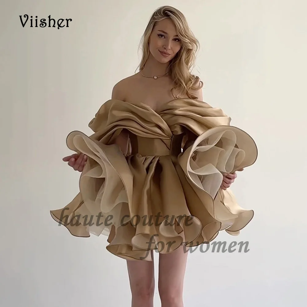 Top Trends: Viisher Champagne Short Party Prom Dresses Off Shoulder Pleats Satin Homecoming Graduation Dress For Teens A Line Formal Gowns Shoppable Styles