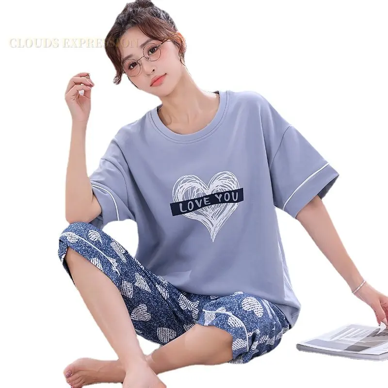 Top Trends: Summer Knitted Cotton Cartoon Pajamas Sets Women Pyjamas Sleepwear Nightwear Pijama Mujer Plus Size Calf-Length Pants Homewear Shoppable Styles