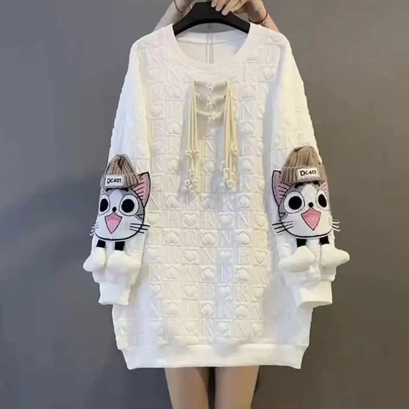 Top Trends: Spring Autumn 2023 Casual Loose Pearl Three-dimensional Decoration Pullovers Chic Cat Pasting Cloth Female Korean Sweatshirts Shoppable Styles