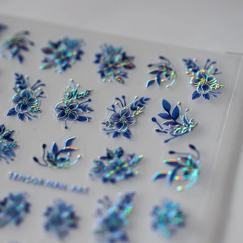 Top Trends: Acrylic Engraved Nail Sticker Holographi Blue Flowers Gold Line Self-Adhesive Nail Transfer Sliders Wraps Manicures Foils Z0661 Shoppable Styles - Image 3