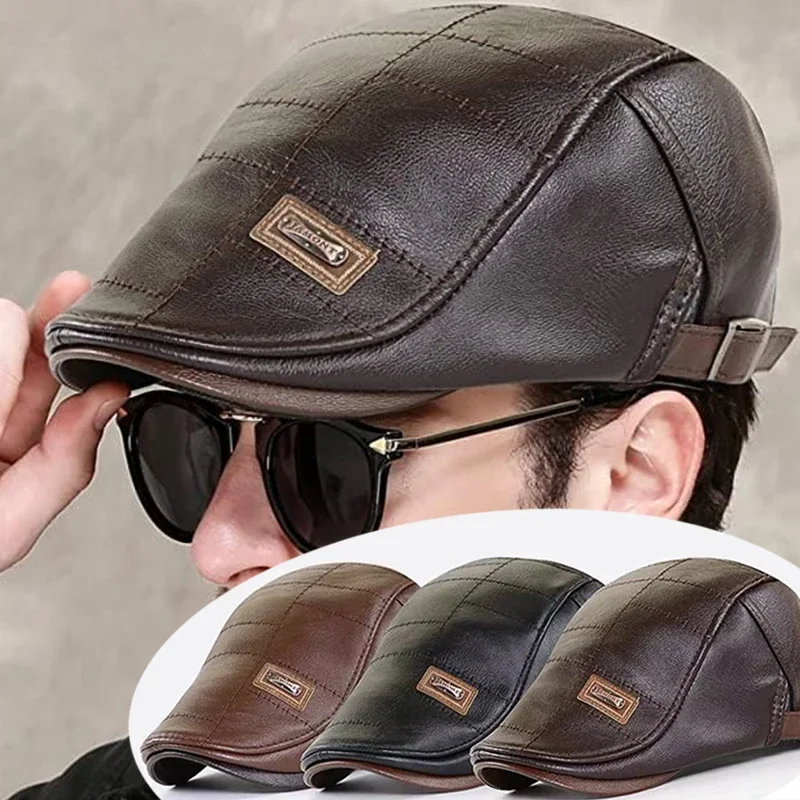 Top Trends: Men Fashion Retro PU Leather Beret Hats Autumn Winter Warm Beret Hat Middle-aged Men&#039;s Visor Warm Flat Peaked Cap Adjustable Shoppable Styles