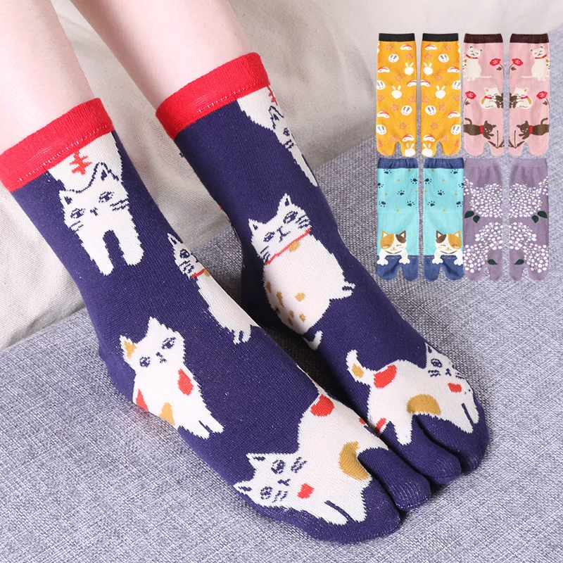 Top Trends: Japanese Tabi Two Toe Socks Women Kawaii Cute Multicolor Cat Pattern Deodorant Breathable Cotton Socks With Separate Toes Gift Shoppable Styles