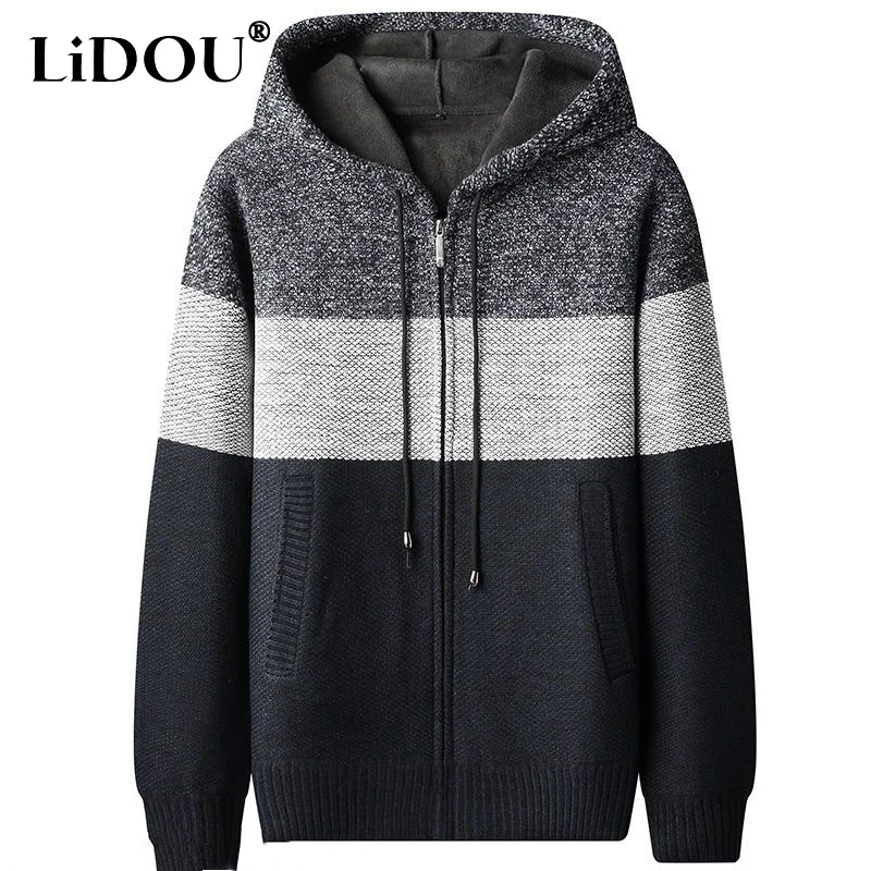 Top Trends: 2023 Autumn Winter New Hooded Fashion Long Sleeve Sweater Man High Street Contrast Color Zipper Cardigan Thicken Warm Tops Shoppable Styles