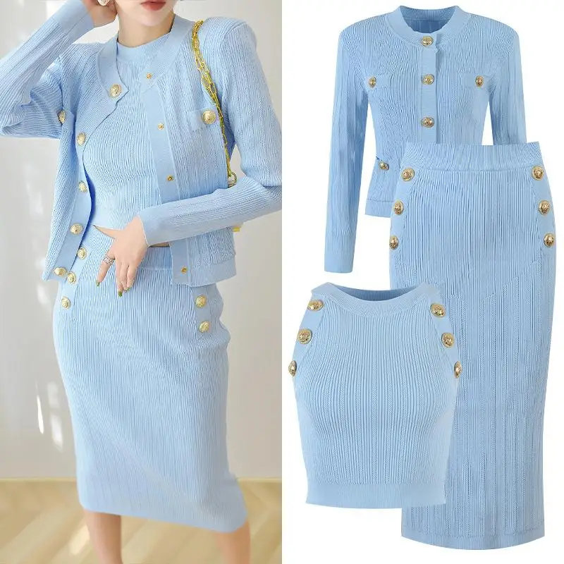 Top Trends: 2024 Vintage Knitted Dress Sets For Women Ladies Plain Singe-breasted Cardigan Bodycon Vest And Slim-fit Skirt Female Boutique Shoppable Styles