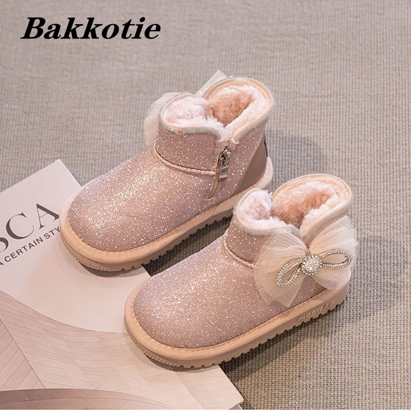 Top Trends: Girls Snow Boots 2023 Winter Toddler Kids Fashion Brand Princess Chelsea Ankle Boots Baby Warm Fur Shoes Children Bowtie Soft Shoppable Styles