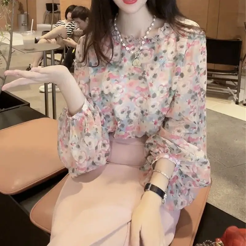 Top Trends: Office Lady Sweet Broken Flowers Shirt Spring Autumn Long Sleeve Casual Female Clothing Fashion Folds Round Neck Loose Blouse Shoppable Styles