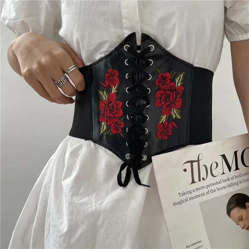 Top Trends: Women&#039;s Corset Belt Gothic Fashion PU Flower Embroidery Cummerbunds Female Slimming Waist Band Vintage Black Wide Belt For Girl Shoppable Styles