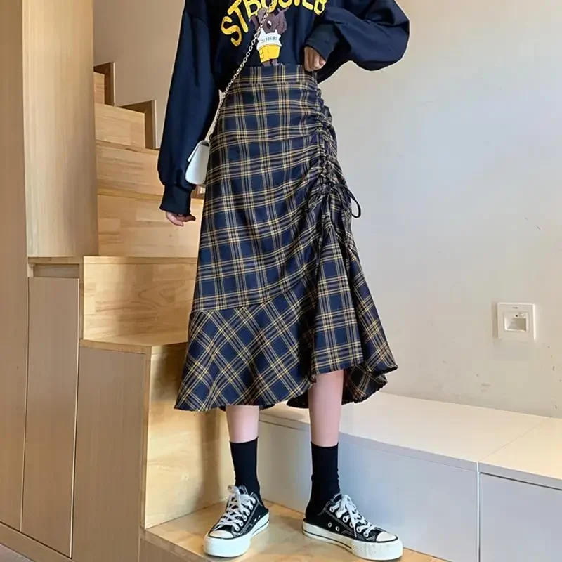 Top Trends: Women Skirt Spring And Summer Mid Length Plaid Skirt Ruffle High Waist Thin A-line Skirt Fashion Versatile Preppy Skirt Female Shoppable Styles