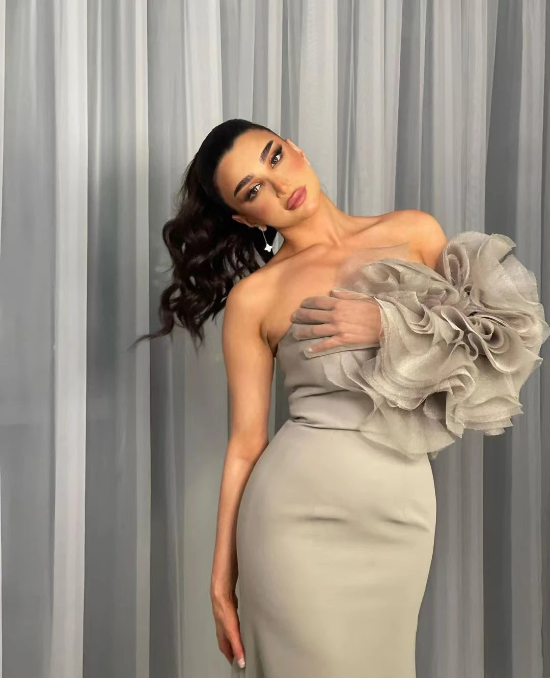 Top Trends: AsaNagi New Fashion Gray Color Strapless Elegant Evening Dresses Women One Shoulder Floor-length 2023 فساتين نسائيه سهره Shoppable Styles