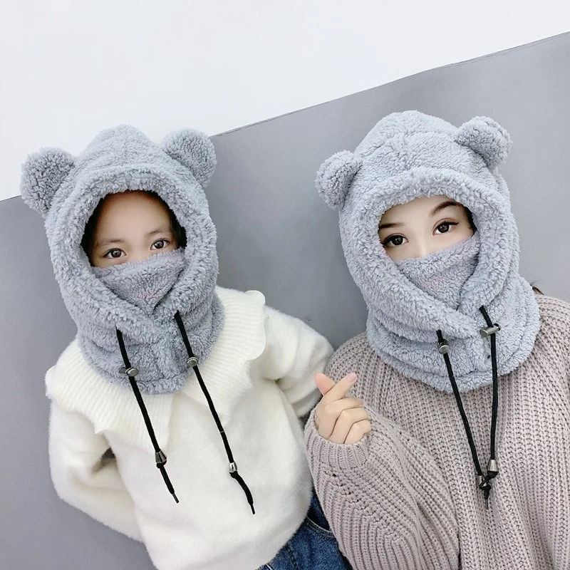 Top Trends: Plush Bear Balaclava With Ears Mask Ear Warmer Hat Cute Children's Thicken Warm Winter Hats For Women Girl Neck Warmer Hood Shoppable Styles