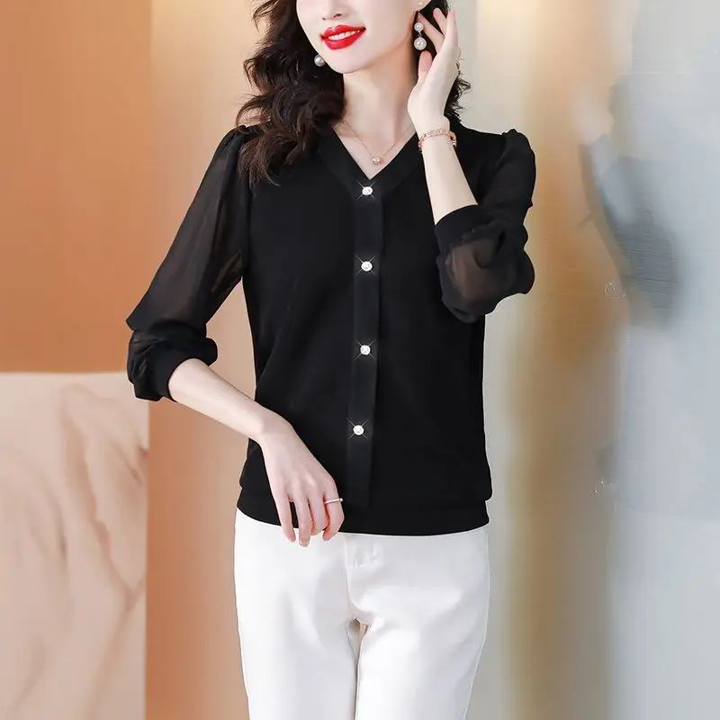 Top Trends: Korean Women Spring Summer Long Sleeve Chiffon Shirt Black V-neck Loose Fashion Casual Versatile Office Lady Elegant Blouse 2023 Shoppable Styles - Image 4