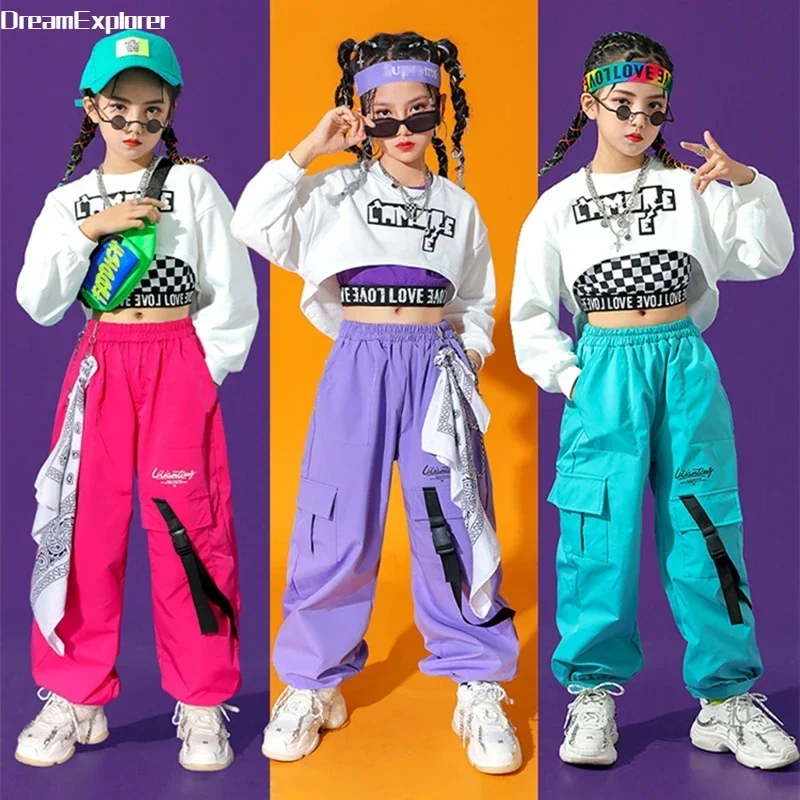 Top Trends: Hip Hop Girls Colorful Cargo Pants Crop Top Child Streetwear Cheerleader Solid Joggers Kids Jazz Street Dance Stage Clothes Sets Shoppable Styles