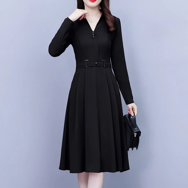 Top Trends: Spring Autumn New Vintage Solid All-match Ladies Dresses V Neck Long Sleeve Plus Size Midi Dress Fashion Elegant Women Clothing Shoppable Styles