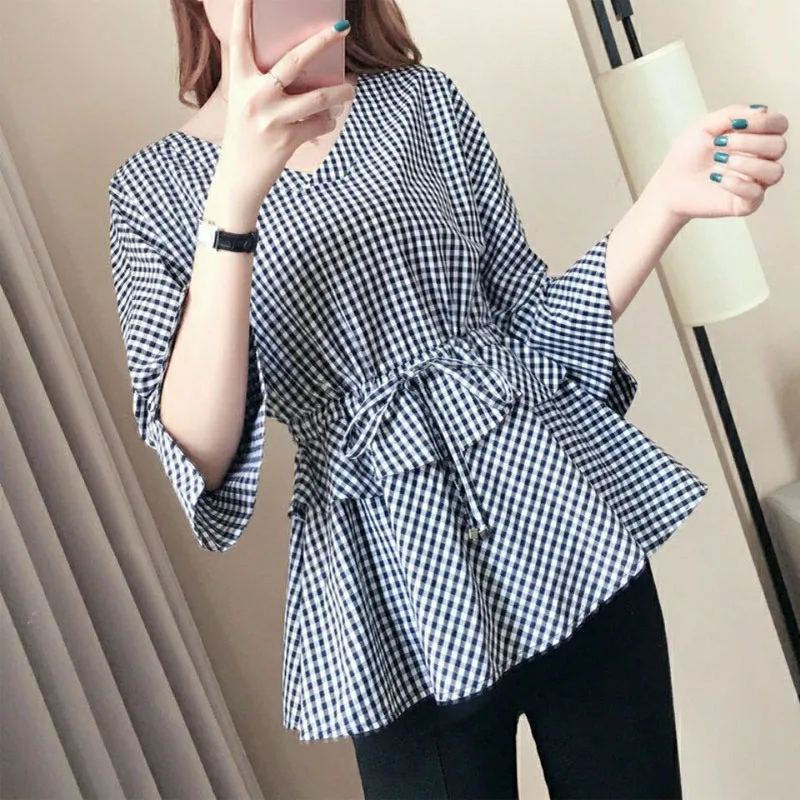 Top Trends: Summer New V-Neck Elegant Women Plaid Blouses Vintage Fashion Shirring Slim Waist Shirt Commuter Femme Three Quarter Sleeve Tops Shoppable Styles