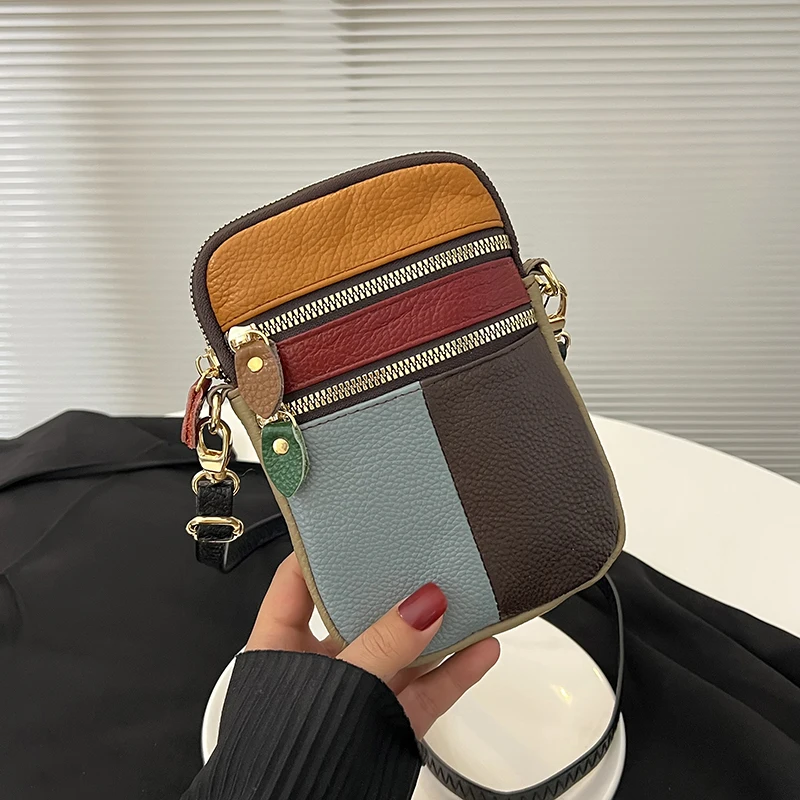 Top Trends: 100% Genuine Leather Women Shoulder Bag Multi Zipper Soft Cowhide Girls Small Mobile Phone Bag Color Stitching Color Random Shoppable Styles