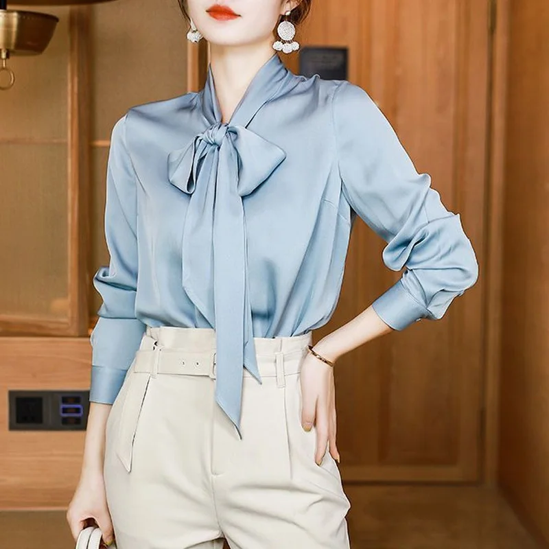 Top Trends: 2023 New Spring And Autumn Luxury Exquisite Simulation Silk Ribbon Bow Knot Drop Commuter Simple Solid Color Women's Shirt Shoppable Styles