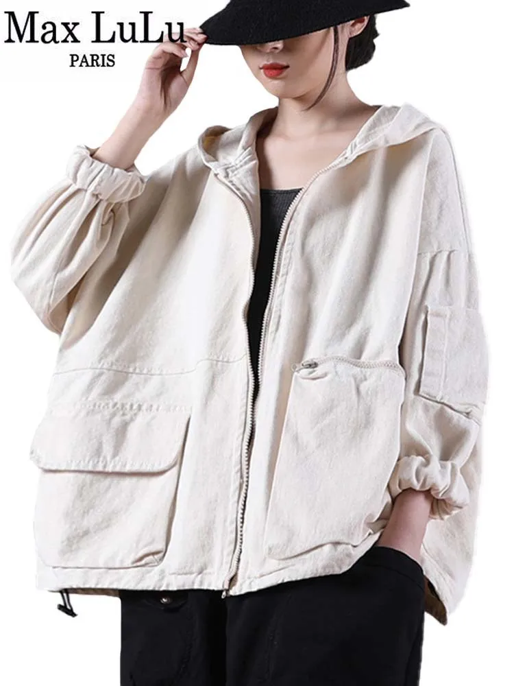 Top Trends: Max LuLu Autumn New Jacket 2021 Women White Hooded Zipper Coat Casual Loose Streetwear Female Pockets Vintage Harajuku Clothes Shoppable Styles