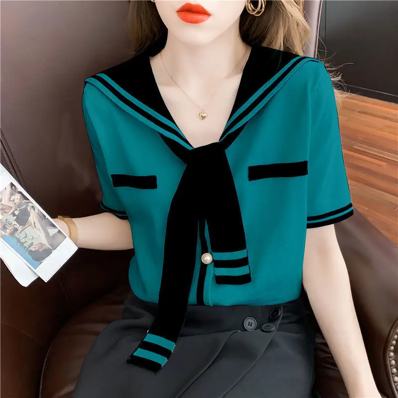 Top Trends: Fashion V-Neck Spliced Tie Button Loose Blouse Oversized Lace Up Commute Pullovers 2022 Summer New Casual Female Clothing Shirt Shoppable Styles - Image 3