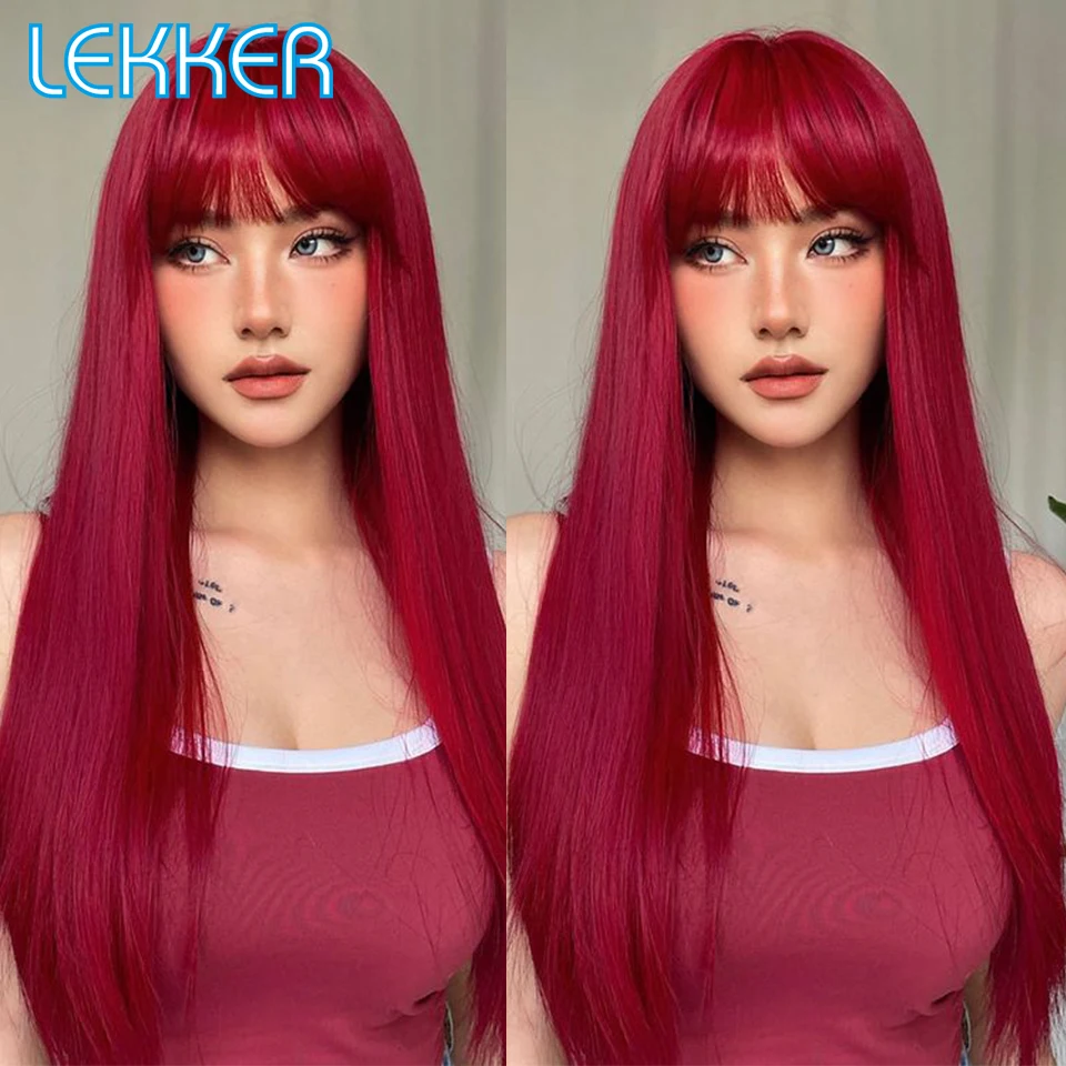 Top Trends: Lekker Wear To Go Burg Red Bone Straight Human Hair Wig With Bangs For Women Brazilian Remy Hair Colored Halloween Cosplay Wigs Shoppable Styles