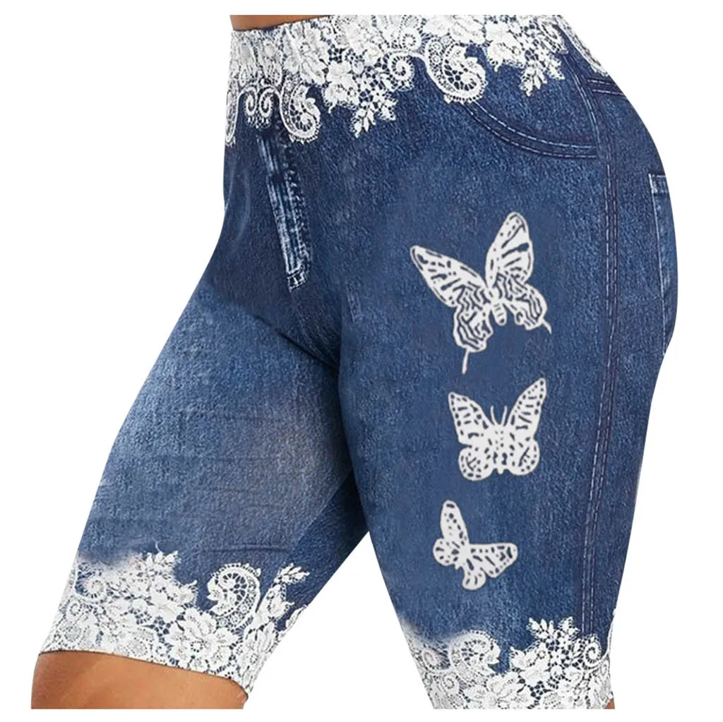 Top Trends: Faux Jeans Shorts Womens Butterfly Print Five-Point Pants Large Size Shapper Denim Shorts Pants Female Lace Short Trousers Botto Shoppable Styles