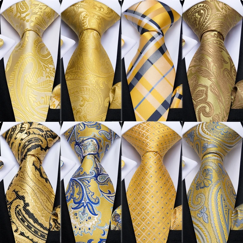 Top Trends: Yellow Mens Ties Pocket Square Cufflinks Set 100% Silk Neck Ties Set For Men Tie For Wedding Party Formal DiBanGu Famous Tie Shoppable Styles