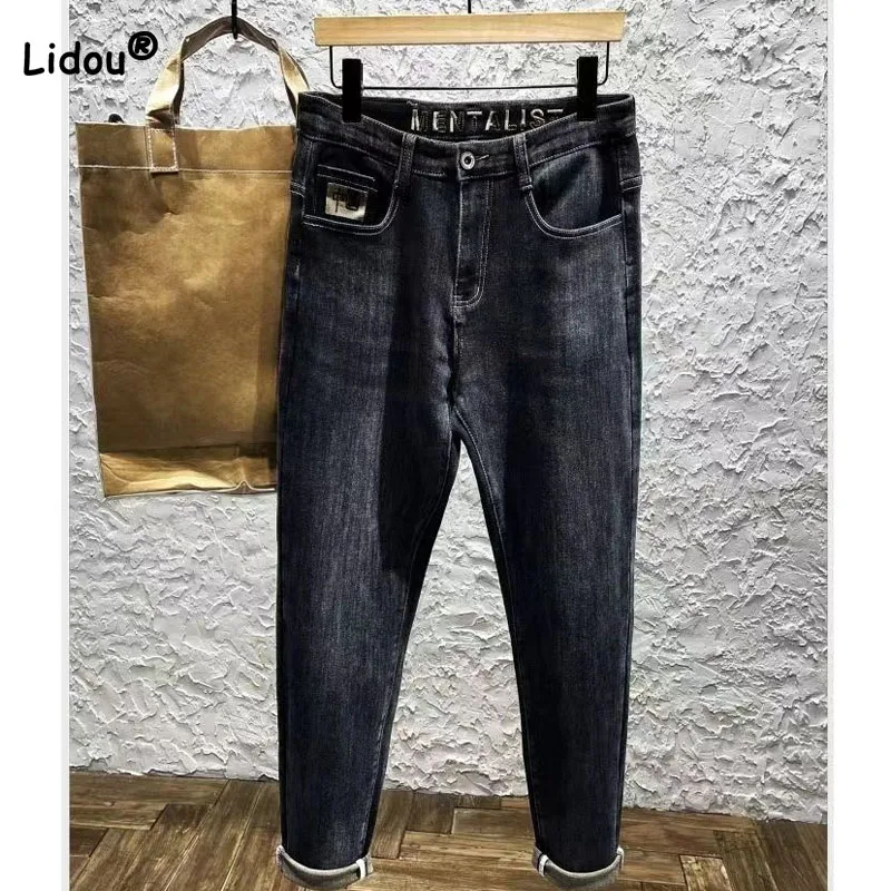 Top Trends: Fashion Trend Men's Pencil Jeans Male Clothes Autumn Winter Male Clothes Korean Handsome Elastic Embroidery Pockets Slim Pants Shoppable Styles