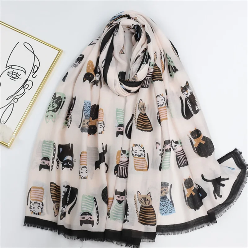 Top Trends: 2023 Spain Lovely Cartoon Cat Pattern Fringe Viscose Scarf Lady Print Soft Shawls And Wraps Pashmina Muslim Hijab Sjaal 180*90Cm Shoppable Styles