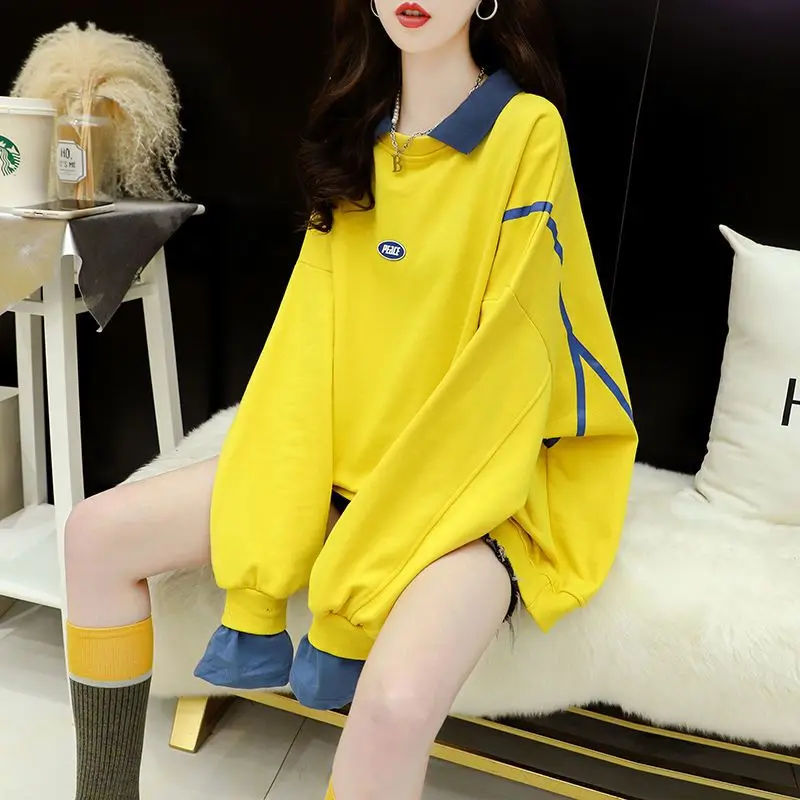 Top Trends: Fashion Lapel Spliced Fake Two Pieces Sweatshirts Female Clothing 2023 Autumn Winter Oversized Korean Tops Casual Sweatshirts Shoppable Styles