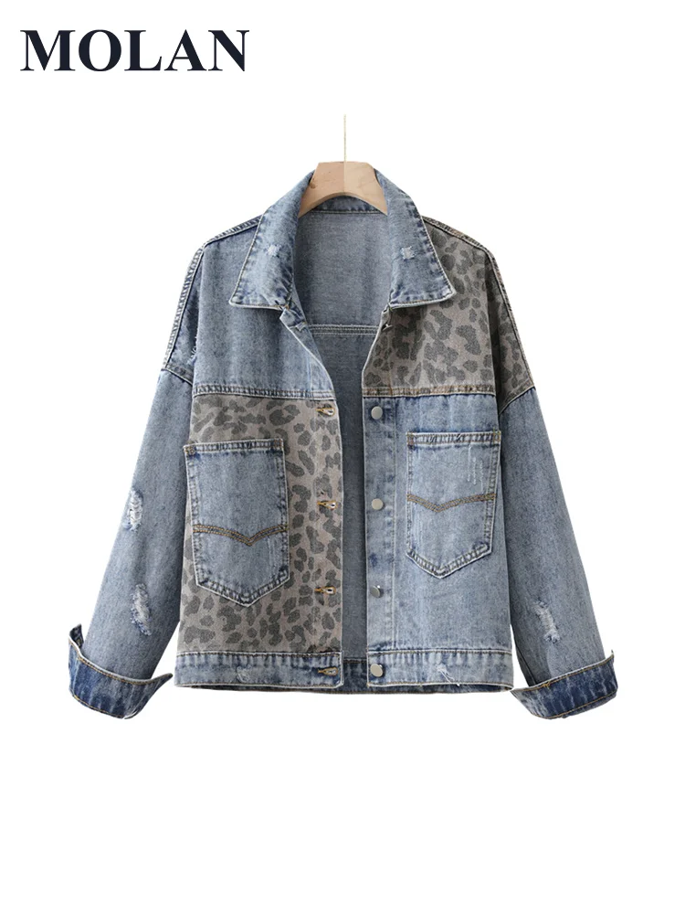 Top Trends: MOLAN Leopard Woman Denim Jacket Vintage Autumn Coat Long Sleeve Singal Breasted Casual Jean Outwear Female Chic Top Shoppable Styles