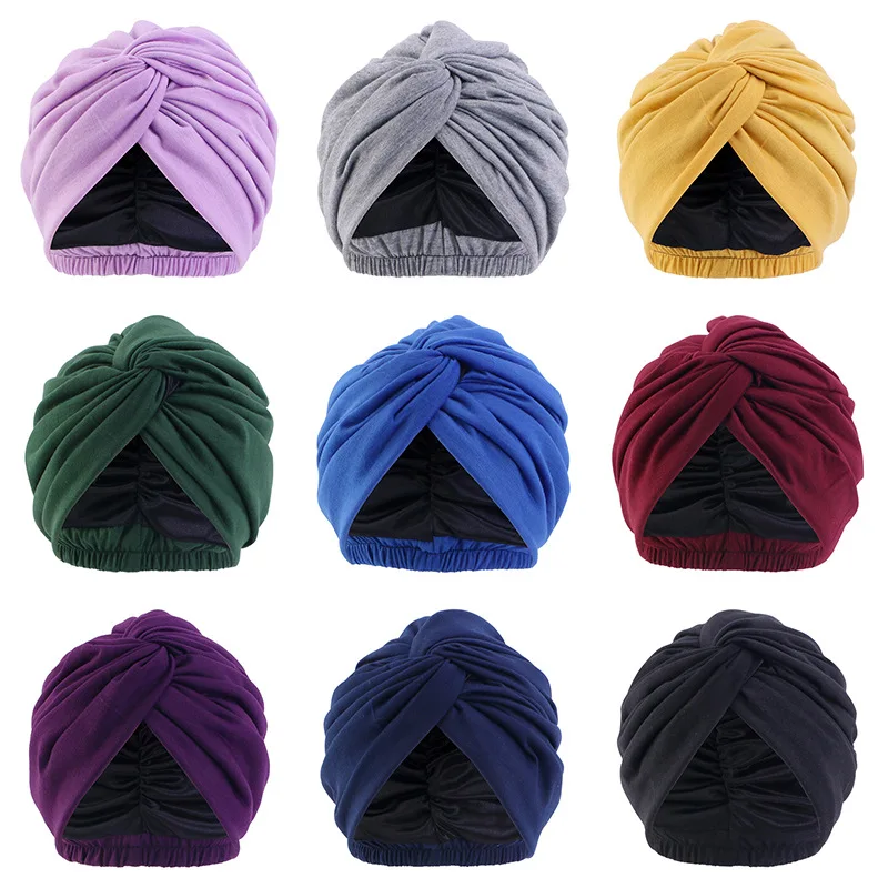 Top Trends: Women Double Layer Satin Linning Stretch Turban Hat Cross Ruffle Chemo Sleep Cap Twist Bandanas Muslim Hijab Headscarf India Hat Shoppable Styles