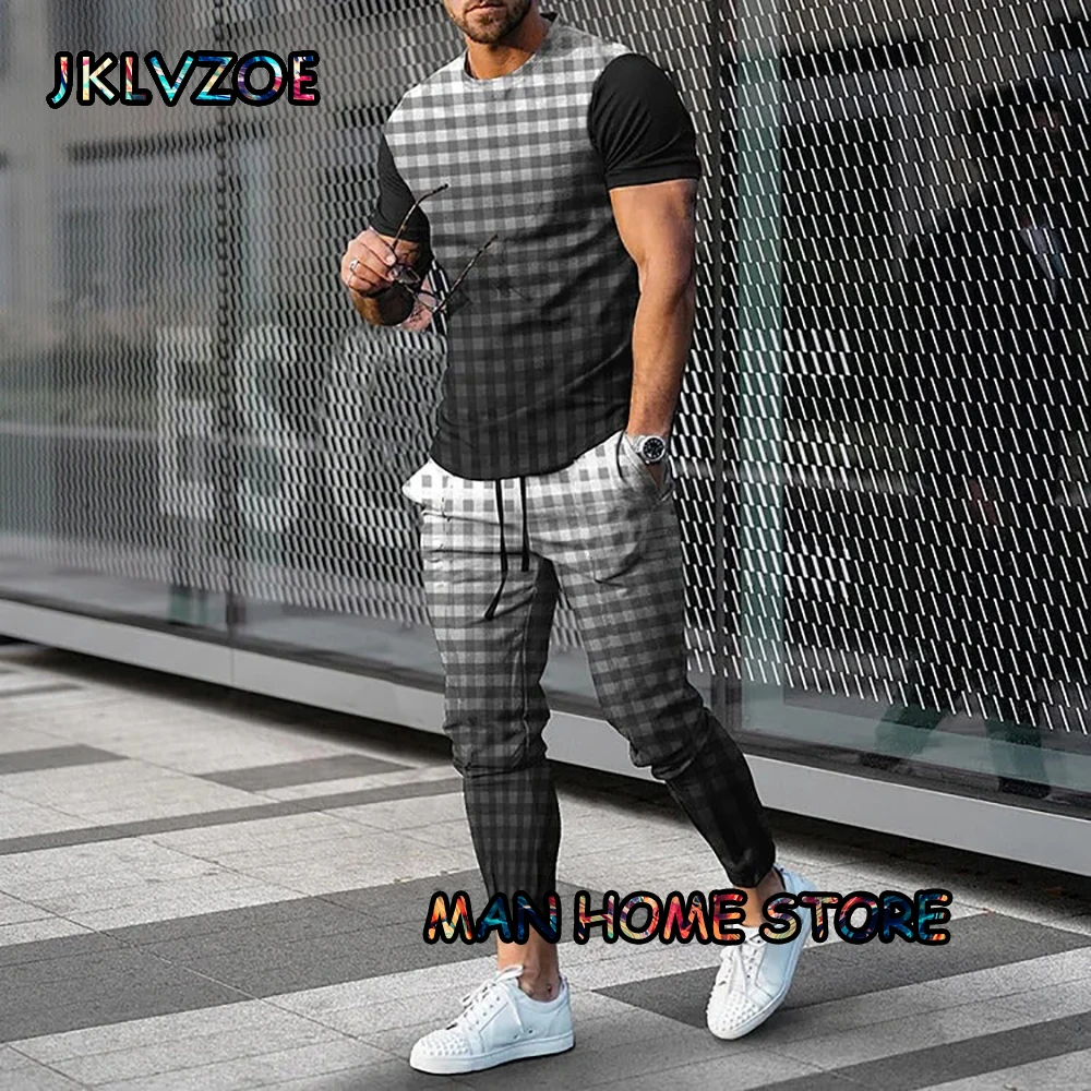 Top Trends: Summer Men's White Grid Tracksuit 2 Piece Set 3D Printing T Shirts+ Trousers Jogging Fashion Short Sleeve Pants Male Unisex Suit Shoppable Styles