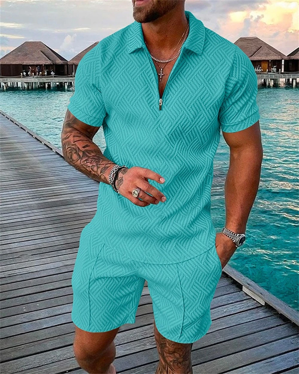 Top Trends: Men&#039;s Tracksuit Cotton Solid Color Short Sleeve Zipper Polo Shirt&amp;Shorts Set For Men Casual Streetwear 2-piece Suit 2023 Summer Shoppable Styles