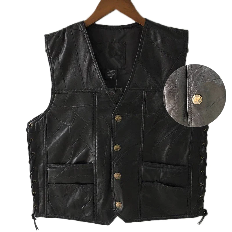 Top Trends: 1PCS Punk Biker Vest Lace Button Autumn Sleeveless Jacket For Men Black Leather Polyester Motorcycle Vest For Men Shoppable Styles