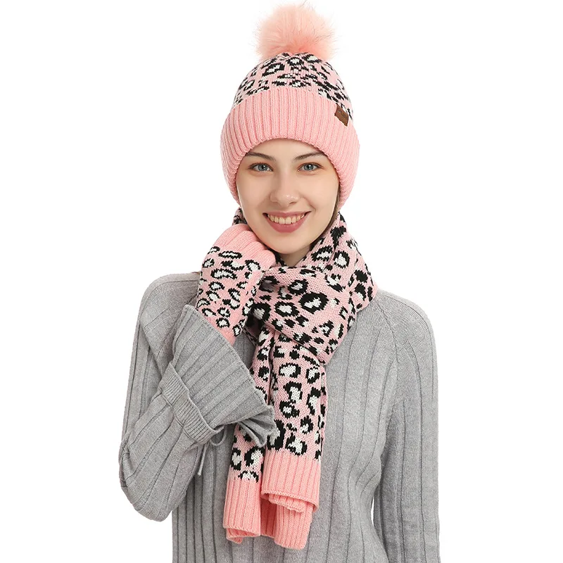 Top Trends: Women's Winter Keep Warm Set Fleece Lining Beanie Telefingers Gloves Thicken Scarf Knitted Muffler Hat Leopard Neckerchief Shoppable Styles - Image 5