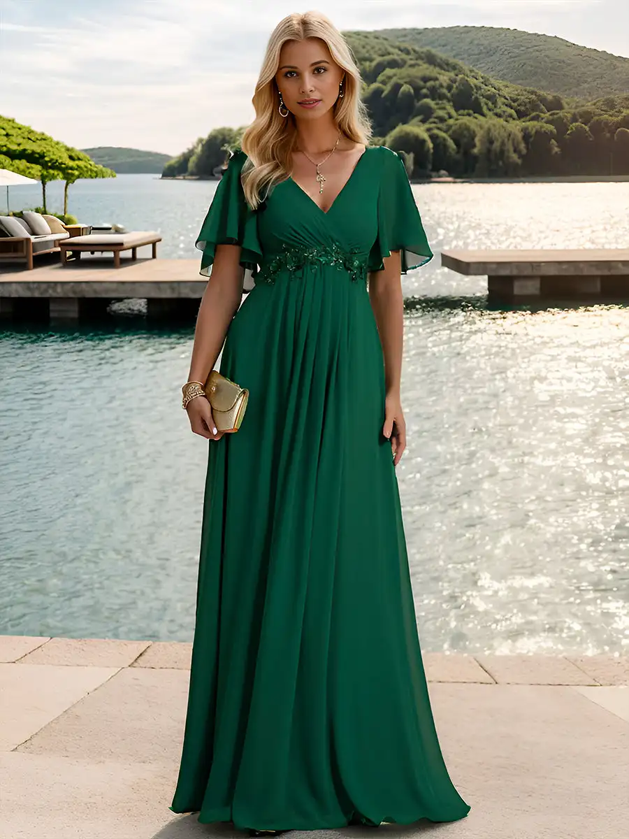 Top Trends: Elegant Evening Dress V Neck Appliques Pleated Floor-Length 2024 Ever Pretty Of Lace Applique Dark Green Bridesmaid Dress Shoppable Styles