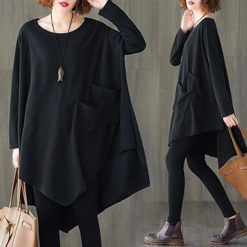 Top Trends: Spring Autumn Women's Casual Oversized Asymmetrical Pullover Tunic Tops Black O Neck Long Sleeve Cotton T-shirts Female Clothing Shoppable Styles