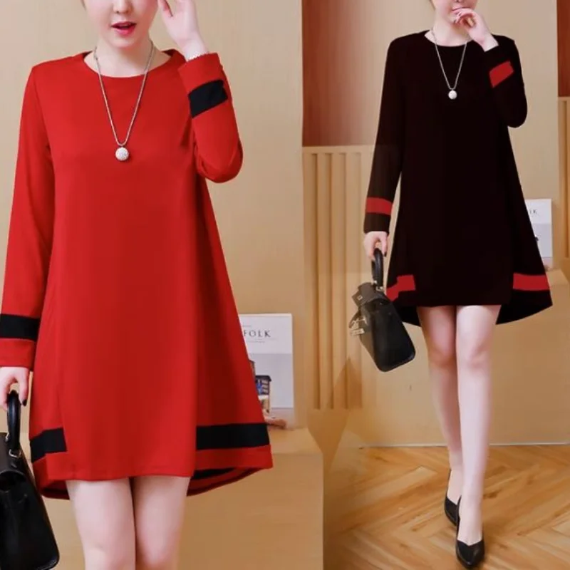 Top Trends: Women Autumn Winter Korean New O-Neck Plus Size Dress Solid Printed Spliced Loose Look Thinner Midi Length Long Sleeve Dress Shoppable Styles - Image 3