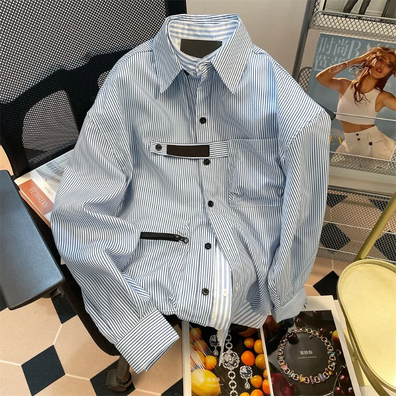 Top Trends: 2023 Spring And Autumn Design Fake Two Piece Striped Hong Kong Style Workwear Raspy And Handsome Long Sleeve Trendy Men's Shirt Shoppable Styles