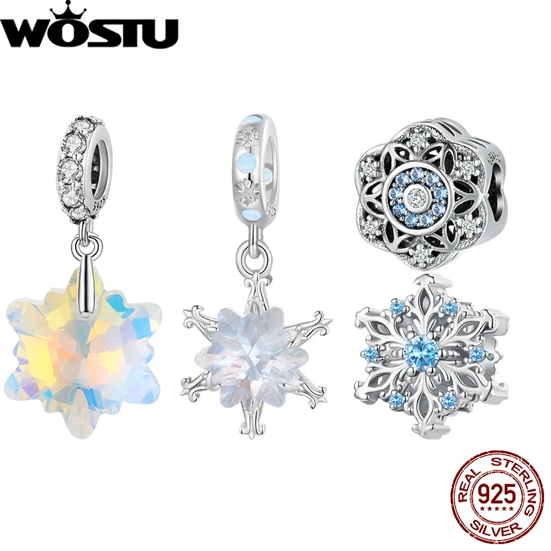 Top Trends: WOSTU 925 Sterling Silver Snowflake Charm Blue Zirconia Beads Opal Ice Flower Pendant Fit Original Bracelet DIY Winter Jewelry Shoppable Styles