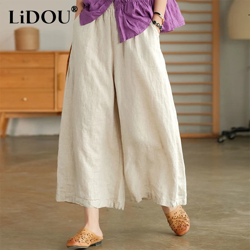 Top Trends: Spring Summer Literary Vintage Cotton Linen Wide Leg Pants Ladies Elastic Waist All-match Ankle Length Trousers Women&#039;s Clothing Shoppable Styles