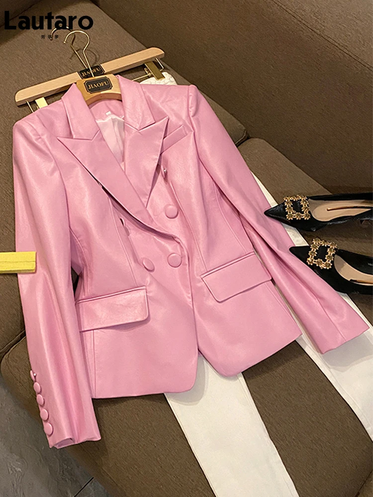 Top Trends: Lautaro Spring Stylish Short Pink Soft Pu Leather Blazer Long Sleeve Slim Fit Luxury Jackets For Women 2022 Elegant Fashion 5xl Shoppable Styles