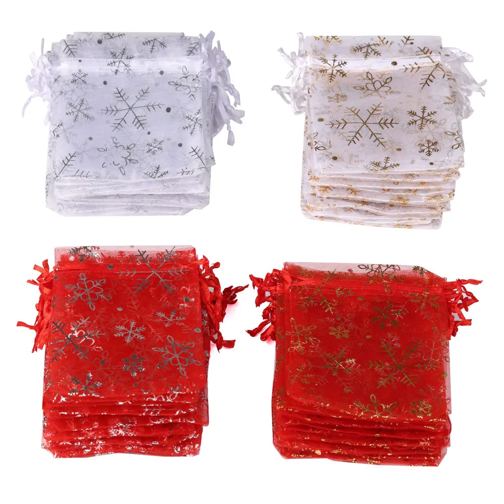 Top Trends: 50pcs / lot 7X9 9X12 10X15 13x18cm New Snowflake Print Organza Jewelry Bags Wedding Candy Christmas Gift Packing Pouches Shoppable Styles