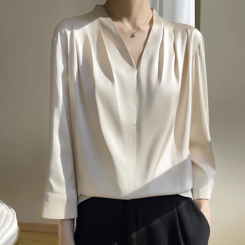 Top Trends: 2023 Spring / Summer Women's V-neck Pullover New Silk Shirt Fashion And Temperament Solid Silk Versatile Shirt Shoppable Styles