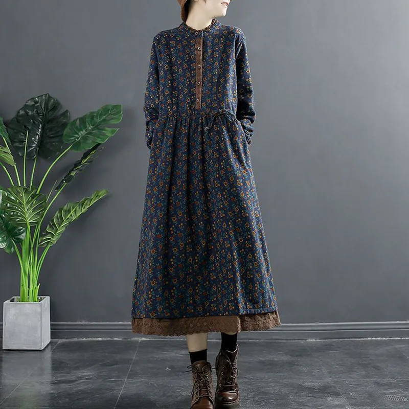 Top Trends: Vintage Printed Spliced Shirring Bandage Bow Ruffles Casual Dress Women's Clothing 2023 Autumn New Loose Midi Dress Shoppable Styles