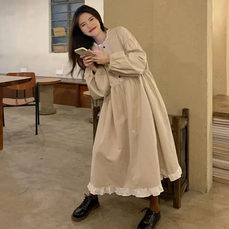 Top Trends: Spring Autumn New Loose Contrast Patchwork Vintage Dress Long Sleeve Button All-match Midi Dress Fashion Sweet Women Clothing Shoppable Styles