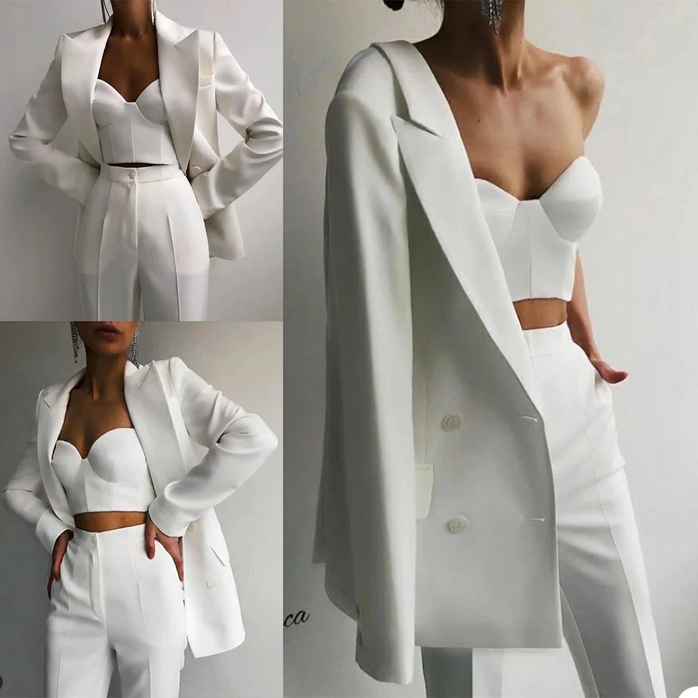 Top Trends: 3 Pcs Women Suits For Custom Made White Blazer+ Bra Top+ Pant Wedding Tuexdos Formal Office Evening Party Hot Girl Outfit Jacket Shoppable Styles