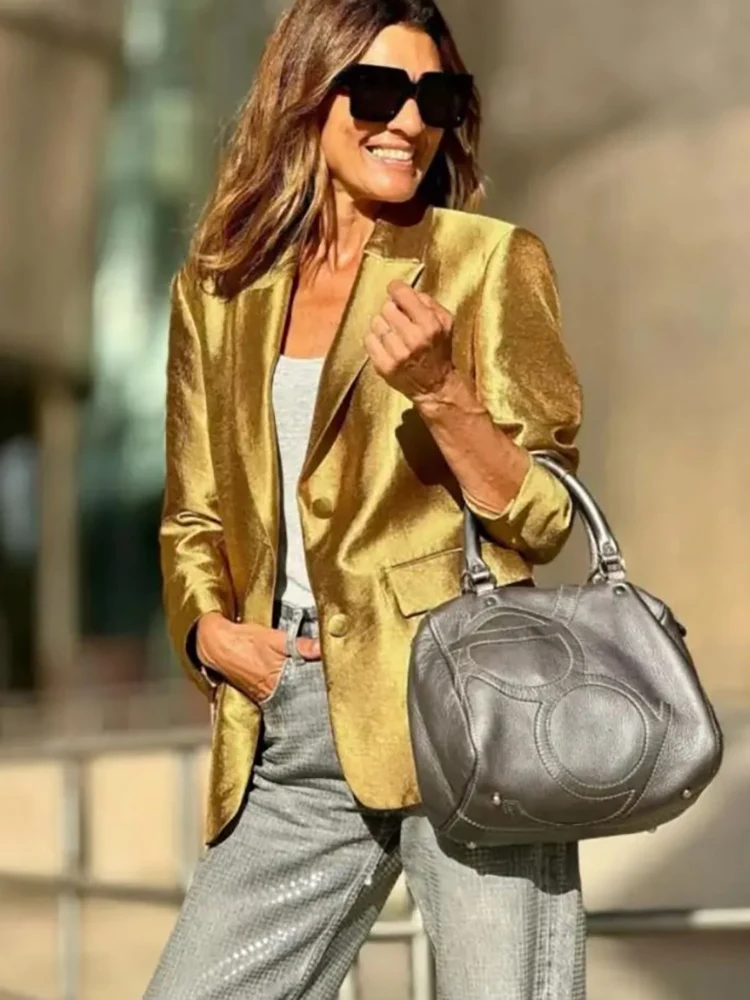 Top Trends: Gold Loose Blazer Jacket For Women Lapel Collar Jackets Spring Autumn Long Sleeve V Neck Coat Streetwear Lady Elegant Outerwear Shoppable Styles