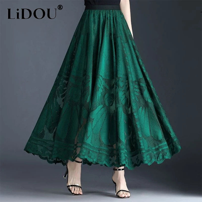 Top Trends: Spring Summer New Elegant Fashion Lace Mesh Pleated Skirt Ladies High Waist Loose Casual All-match A-line Skirts Female Clothes Shoppable Styles