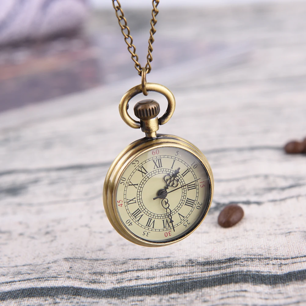 Top Trends: 1Set Simple Vintage Style Steampunk Beige Dial Roman Numbers Small Pocket Watch Necklace Pendant Shoppable Styles